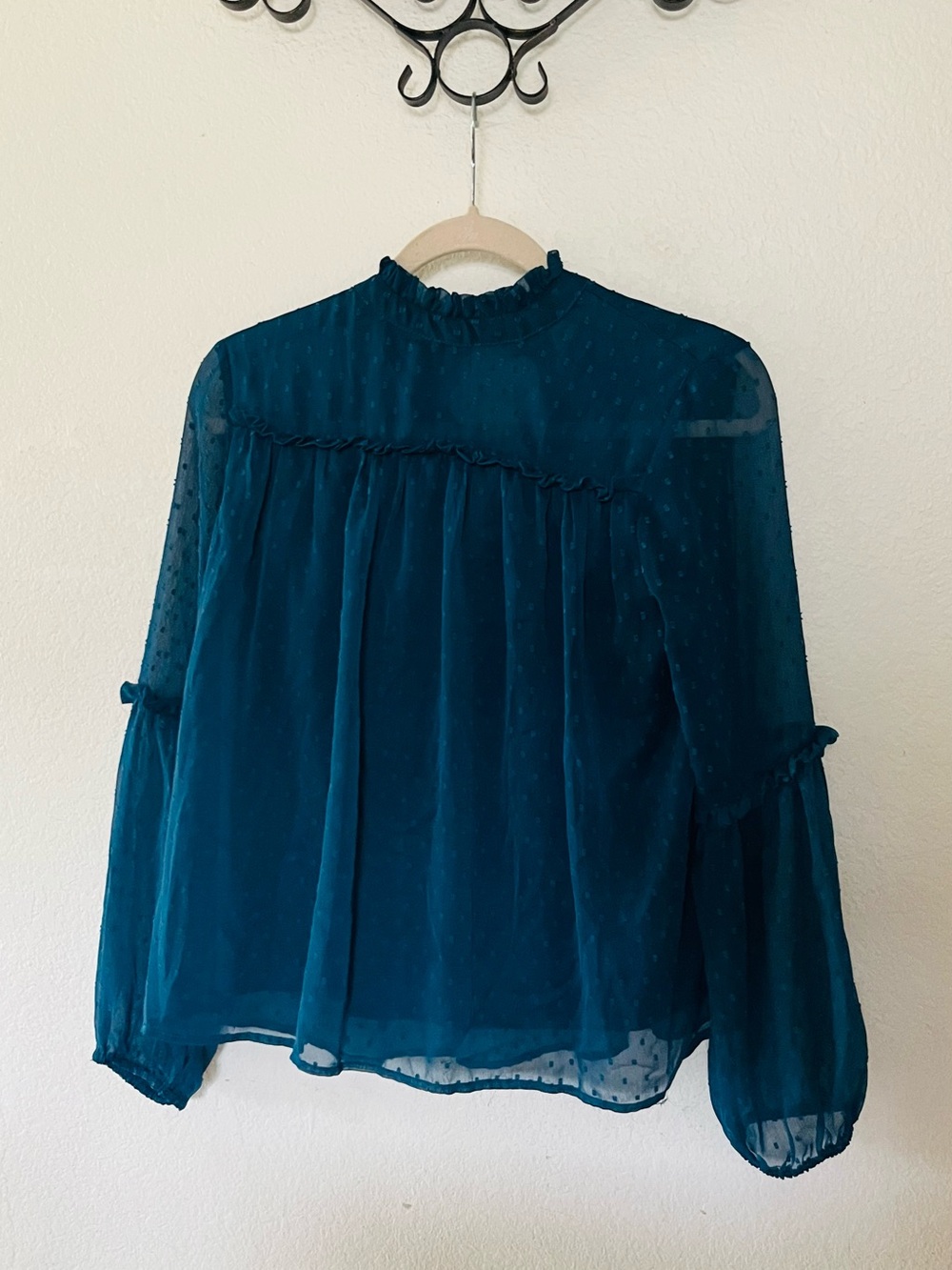 Japna Teal Sheer Ruffle Neck Blouse